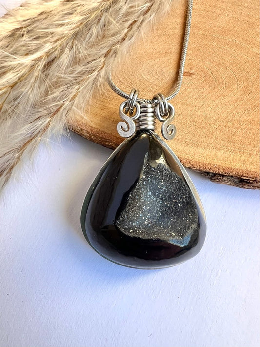 Colla Goccia di Onice Druzy con cristallizzazione interna naturale - Geode di Onice