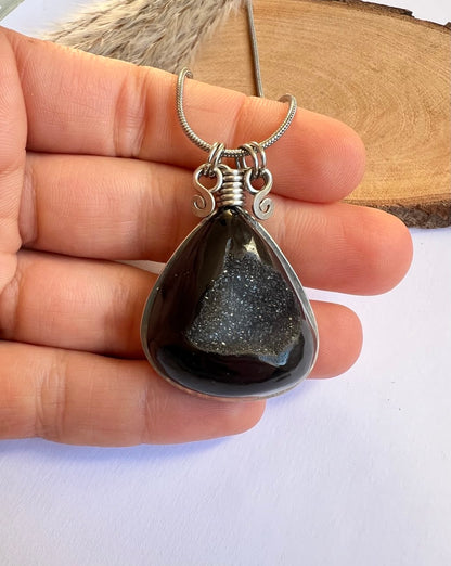 Colla Goccia di Onice Druzy con cristallizzazione interna naturale - Geode di Onice