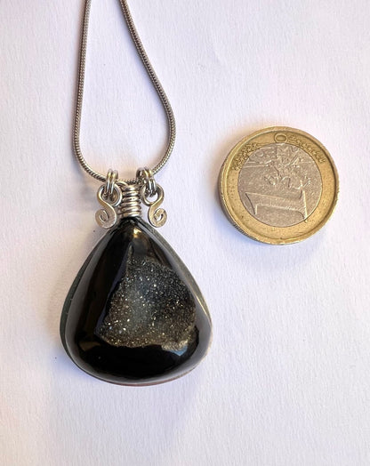 Colla Goccia di Onice Druzy con cristallizzazione interna naturale - Geode di Onice