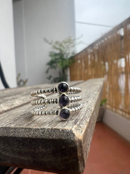 Anello Multi-Fascia Minimalista con Pietre Naturali – Finitura Argento 925 – Regolabile