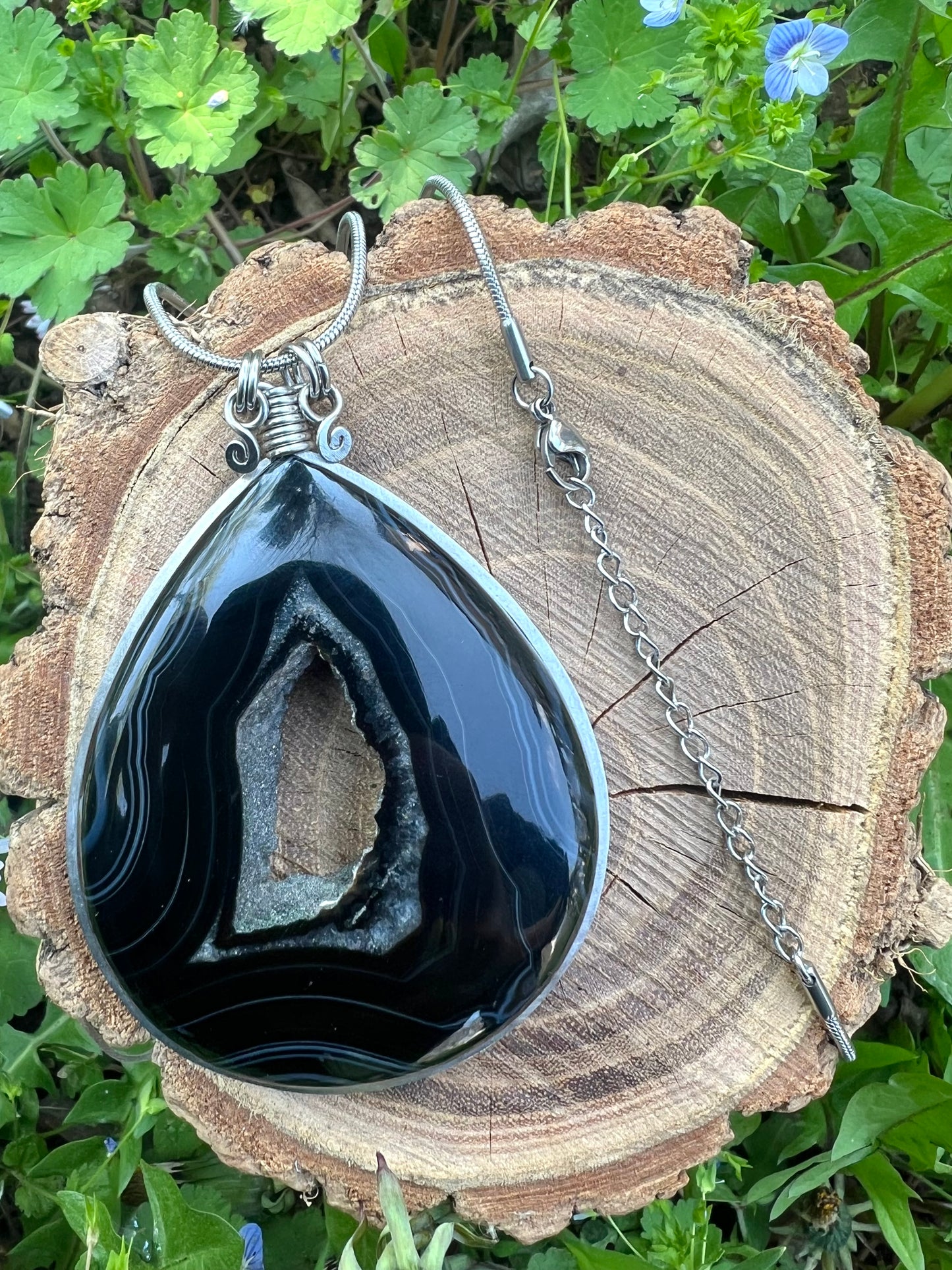 Collana di Onice Druzy con portale cristallizzato naturale - Geode di Onice