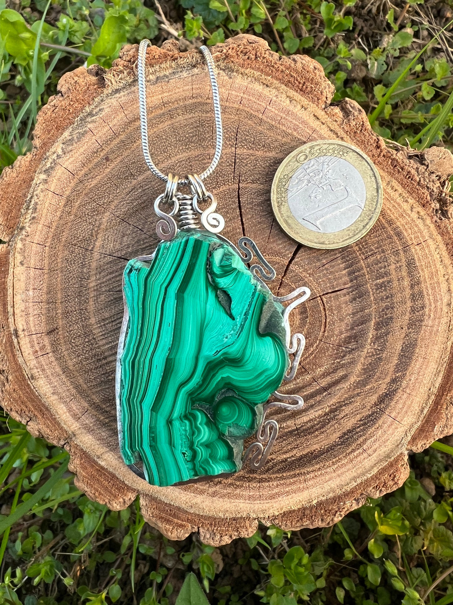 Collana on Malachite fetta✨ Medaglione lavorazione artigianale acciaio inox
