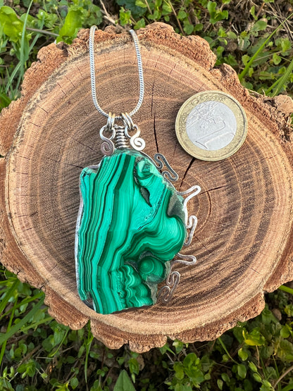 Collana on Malachite fetta✨ Medaglione lavorazione artigianale acciaio inox