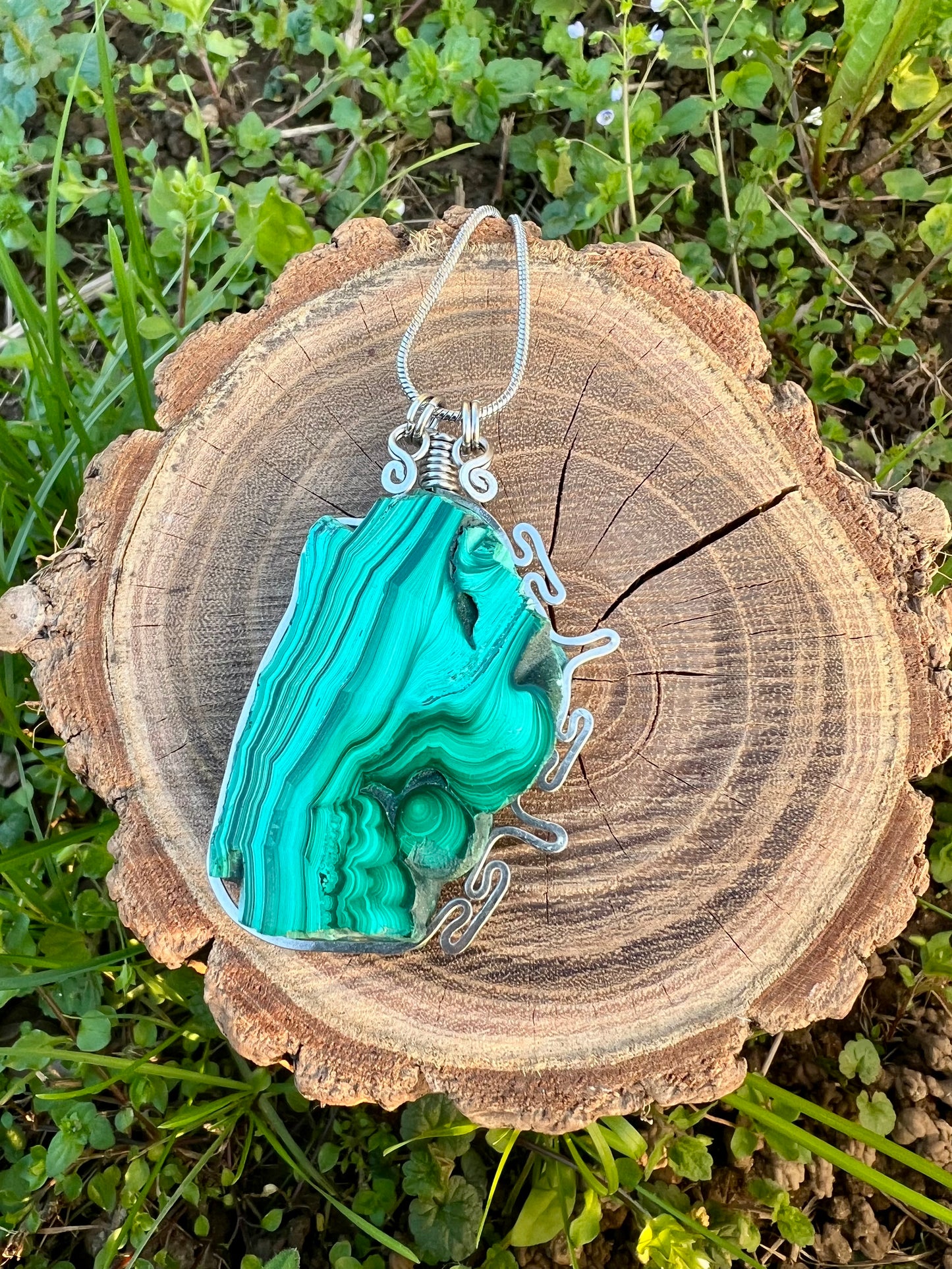 Collana on Malachite fetta✨ Medaglione lavorazione artigianale acciaio inox