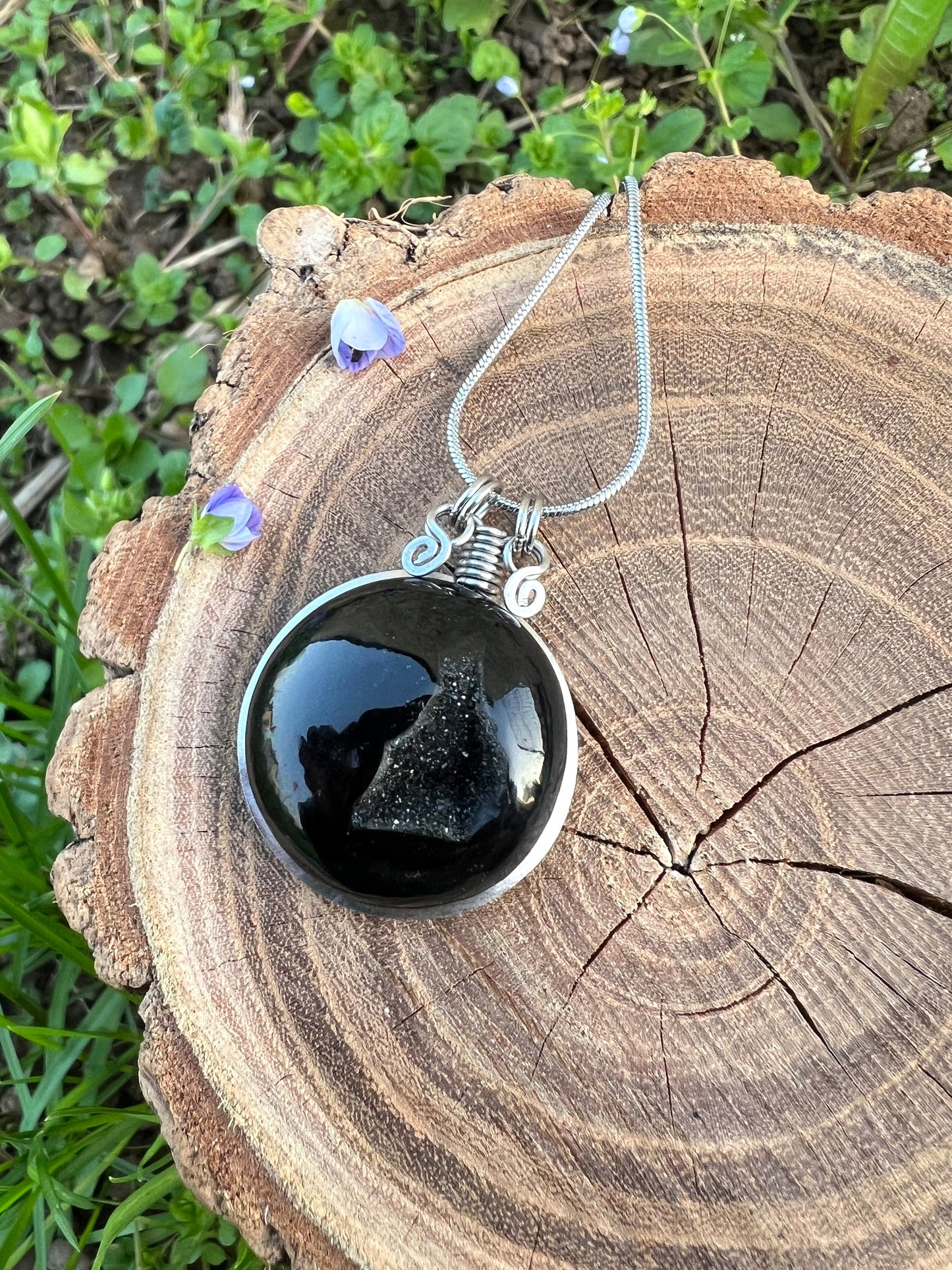 Ciondolo in Onice nero Druzy - Onice con cristallizzazione interna naturale