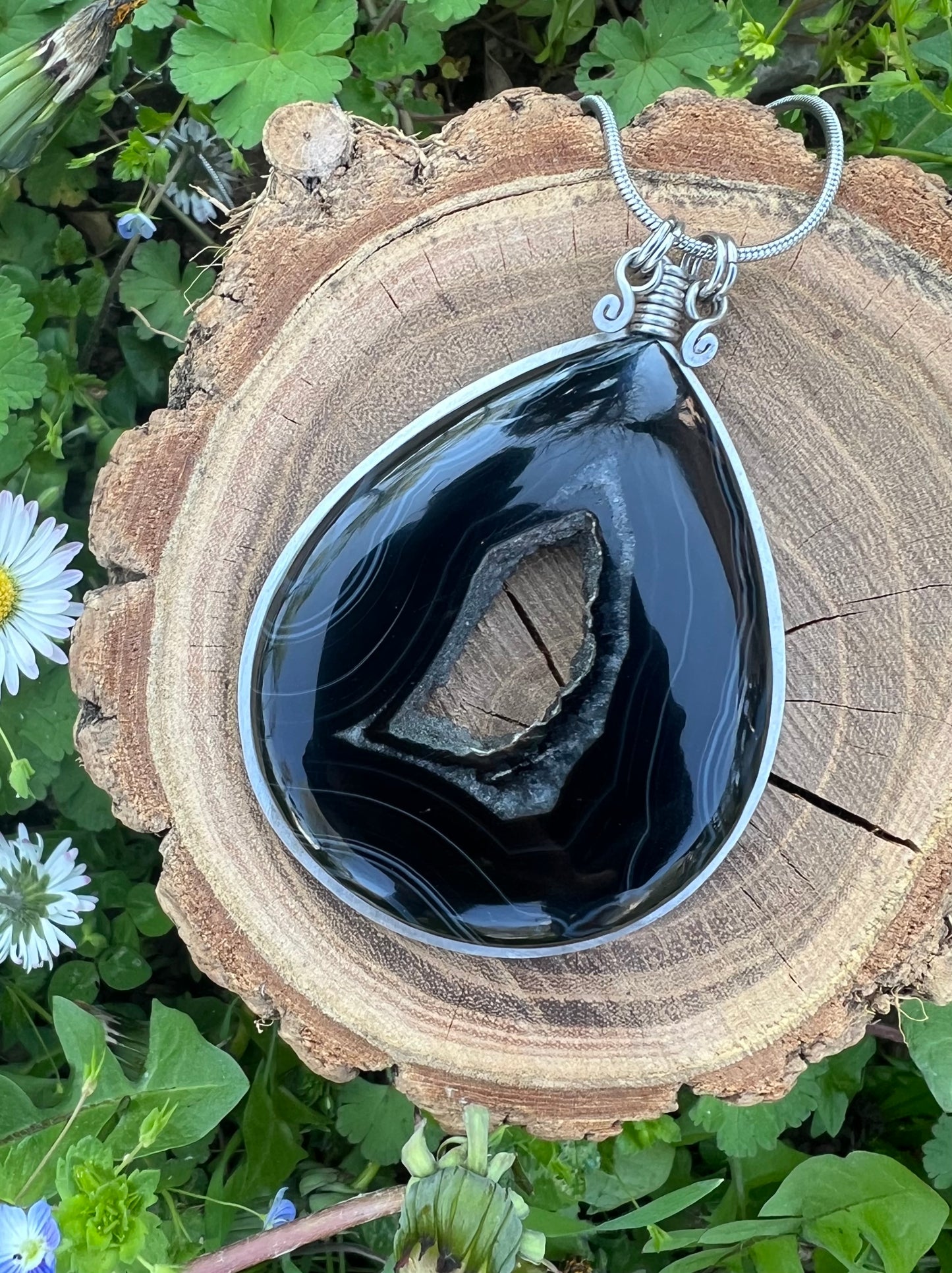 Collana di Onice Druzy con portale cristallizzato naturale - Geode di Onice