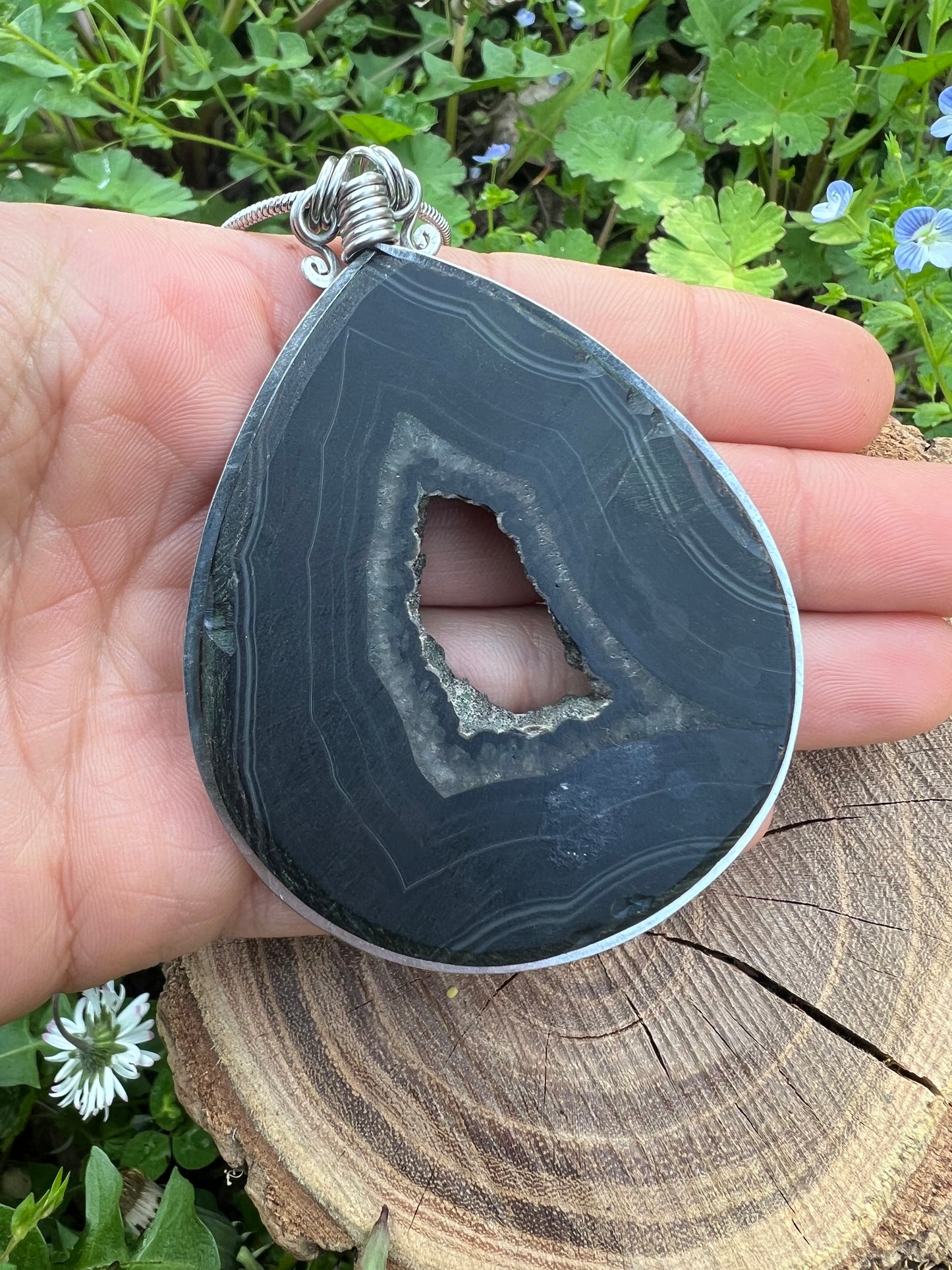 Collana di Onice Druzy con portale cristallizzato naturale - Geode di Onice